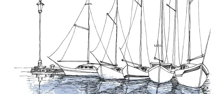 A sketch of sailboats moored in a harbor.