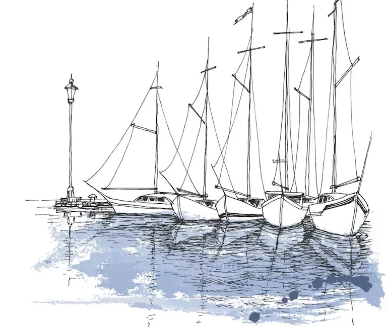 A sketch of sailboats moored in a harbor.